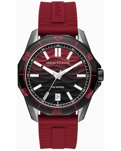 Armani Exchange Uhr Mit Drei Zeigern, Datumsanzeige Und Rotem Silikonarmband