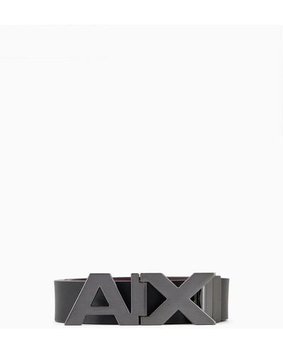 Armani Exchange Leather Belt With Satin Metal Logo Buckle - White
