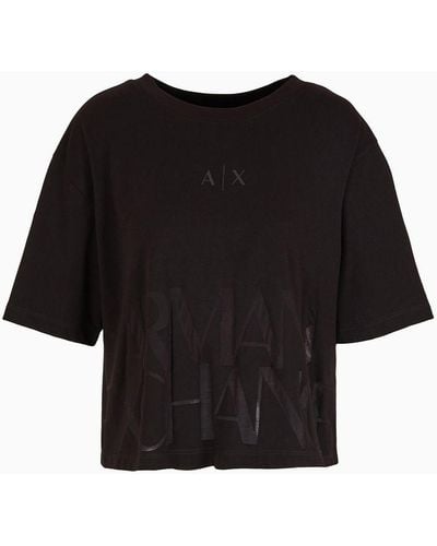 Armani Exchange T-shirt Cropped In Misto Cotone Fiammato - Nero