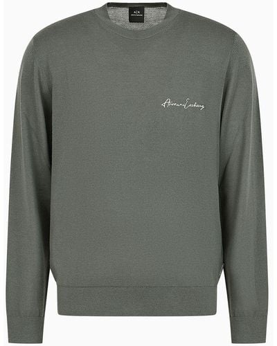 Armani Exchange Crew-neck Jumper In Wool Blend With Logo On The Chest - Grey