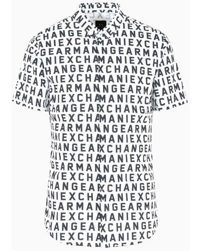 Armani Exchange Slim-fit Shirt With Short Sleeves In Patterned Cotton - White