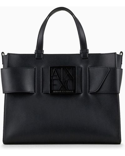 Armani Exchange Large Tote Bag With Double Handles And Shoulder Strap - Black
