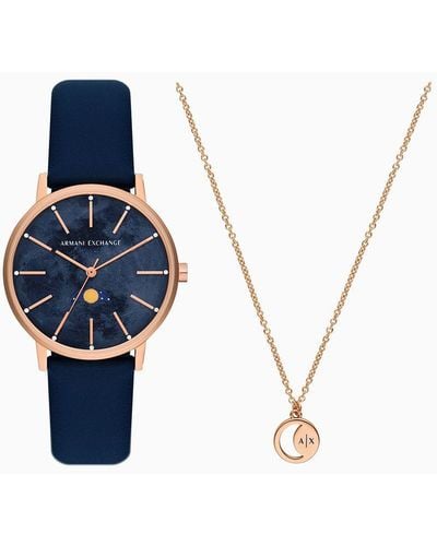 Armani Exchange Multifunction Moonphase Blue Leather Watch And Rose-tone Brass Necklace Set