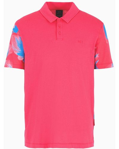 Armani Exchange Regular Fit Cotton Polo Shirt With Short Patterned Sleeves - Pink