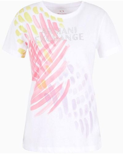 Armani Exchange T-shirt Regular Fit In Cotone Organico Asv Con Stampa Foliage - Bianco