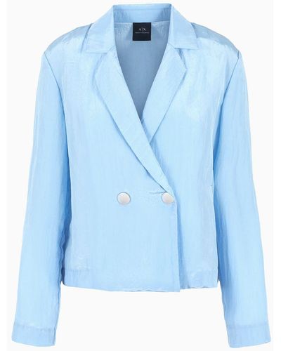 Armani Exchange Double-breasted Jacket In Wrinkle Satin Fabric - Blue