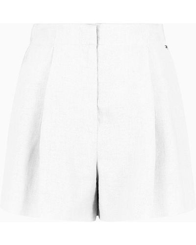 Armani Exchange High-waisted Shorts With Pleats In Linen And Cotton - White