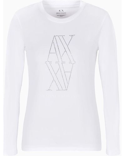 Armani Exchange T-shirt Coupe Classique À Manches Longues Avec Monogramme Clouté Asv - Blanc