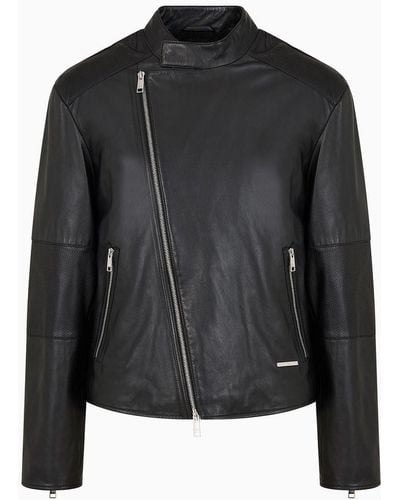 Armani Exchange Genuine Leather Biker Jacket - Black