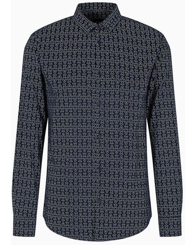 Armani Exchange Regular Fit Cotton Satin All Over Logo Button Up Shirt - Blue