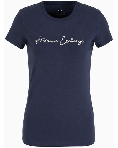 Armani Exchange T-shirt Slim Fit Con Logo Di Glitter - Blu