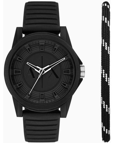 Armani Exchange Set Orologio E Bracciale In Silicone Nero A Tre Lancette