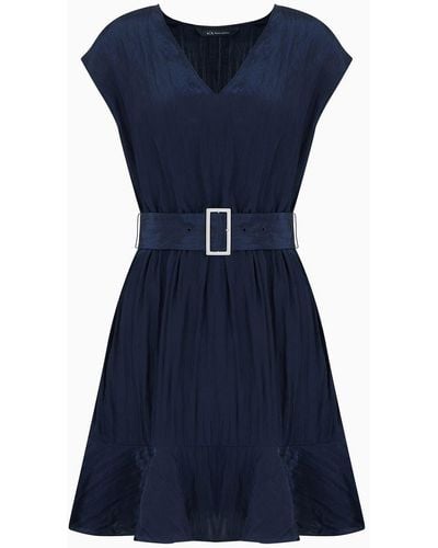 Armani Exchange Flared Sleeveless Ruffle Dress Wrinkle Satin Fabric - Blue