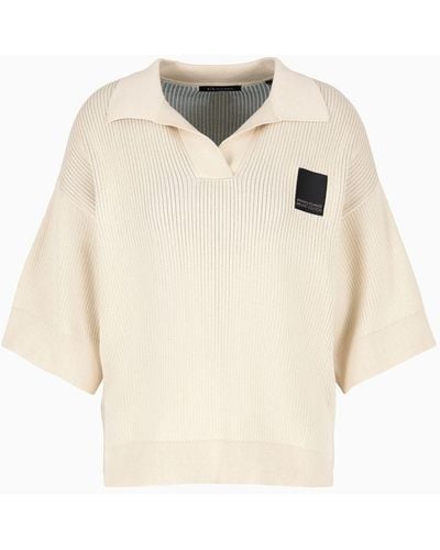 Armani Exchange Knitted Polo Shirt With V-neck And Logo - Natural