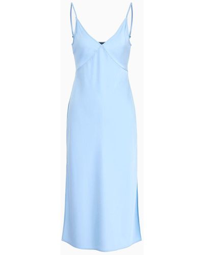 Armani Exchange Long Dress In Satin Satin With Plunging Neckline - Blue