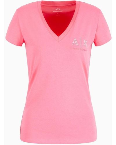 Armani Exchange T-shirt Slim Fit Con Scollo A V In Jersey Stretch - Rosa