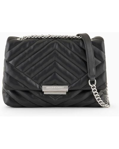 Armani Exchange Shoulder Bag In Quilted Material With Metal Details - Black