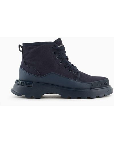 Armani Exchange Cotton Canvas Combat Boots With Coated Rubber - Blue