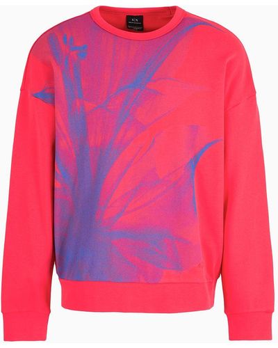 Armani Exchange Crew-neck Sweatshirt In Asv Organic Cotton With Foliage Print - Red