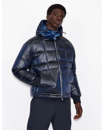 Armani Exchange Oversized, Lustrous Ripstop Puffer Jacket - Blue