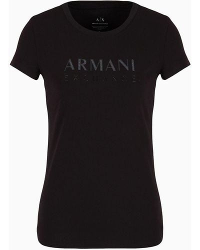 Armani Exchange Slim Fit T-shirt In Asv Stretch Organic Cotton With Glitter Logo - Black