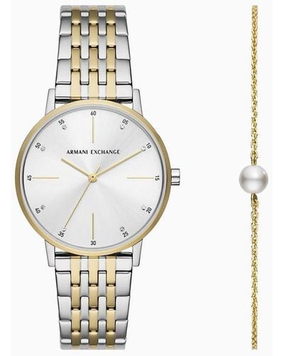 Armani Exchange Three-hand Two-tone Stainless Steel Watch And Bracelet Set - White