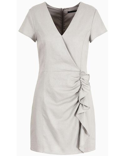 Armani Exchange Linen Blend Tulip Dress With Ruffles - White