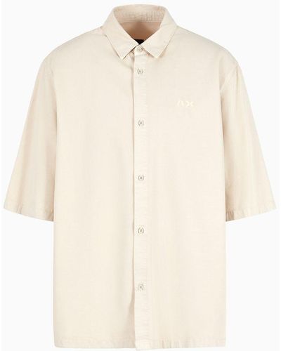 Armani Exchange Boxy Fit Shirt With Short Sleeves In Lyocell And Cotton - Natural