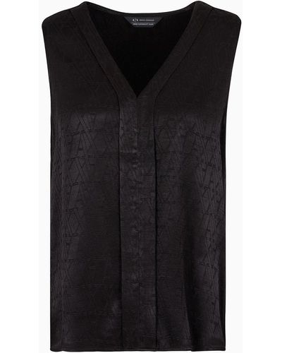 Armani Exchange Top In Shiny Fabric With Allover Asv Monogram - Black