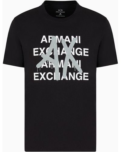 Armani Exchange T-shirt In Jersey Di Cotone Pima Con Stampe Sul Davanti - Nero