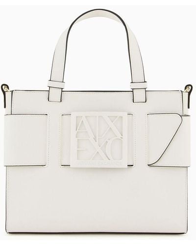 Armani Exchange Medium Tote Bag With Double Handles And Shoulder Strap - White
