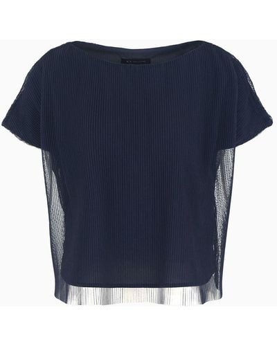 Armani Exchange Short-sleeved Blouse In Pleated Fabric - Blue