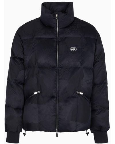 Armani Exchange Full Zip Down Jacket In Jacquard Fabric - Blue
