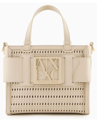 Armani Exchange Small Straw Tote Bag With Maxi Logo - White