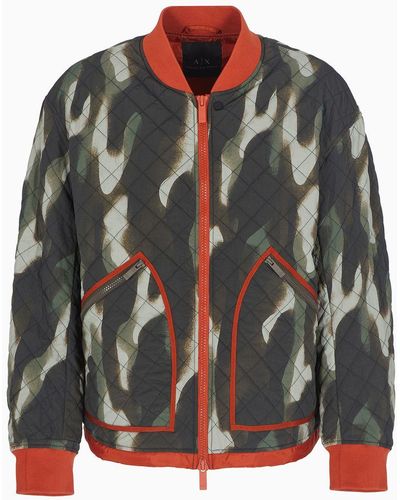 Armani Exchange Bomber Jacket In Crinkle Camouflage Fabric With Contrasting Details - Black