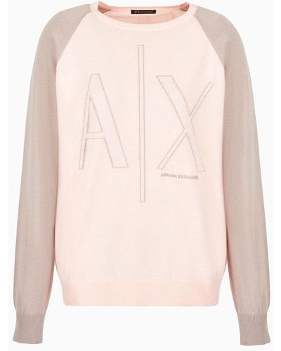 Armani Exchange Sweater With Contrasting Sleeves And Logo - Natural