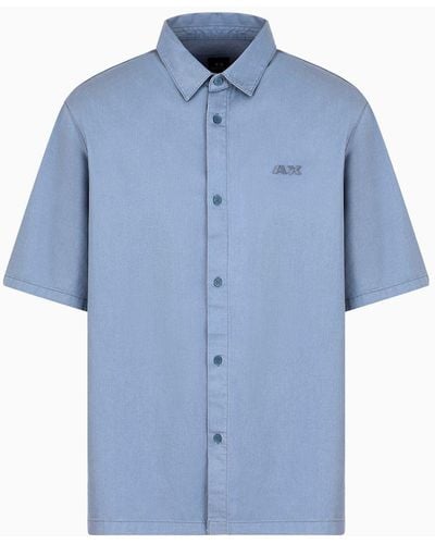 Armani Exchange Boxy Fit Shirt With Short Sleeves In Lyocell And Cotton - Blue