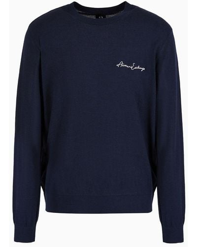Armani Exchange Crew-neck Sweater In Wool Blend With Logo On The Chest - Blue