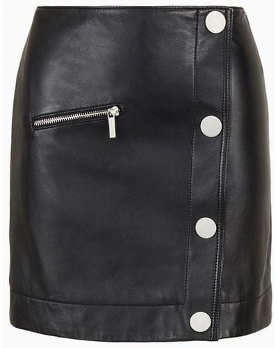 Armani Exchange Leather Miniskirt With Diagonal Buttoning - Black