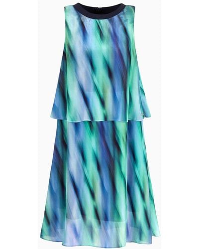 Armani Exchange Flounced Sleeveless Satin Printed Dress - Blue
