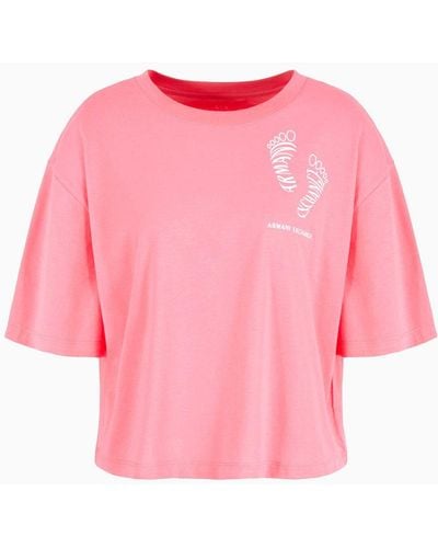 Armani Exchange Cropped T-shirt In Cotton Jersey With Print - Pink