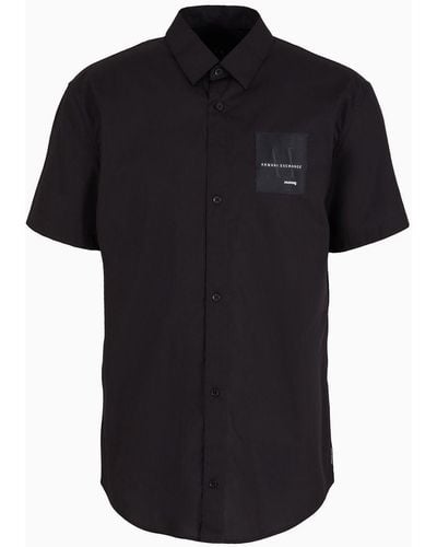 Armani Exchange Regular Fit Short-sleeved Shirt In Asv Organic Cotton With Patch - Black