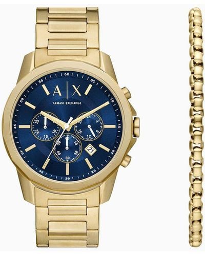 Armani Exchange Set Orologio E Bracciale Con Cronografo In Acciaio Inossidabile Tonalità Oro - Blu