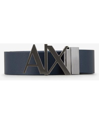 Armani Exchange Logo Buckle Leather Belt - Blue