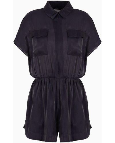 Armani Exchange Short-sleeved Jumpsuit In Shiny Creponne - Blue