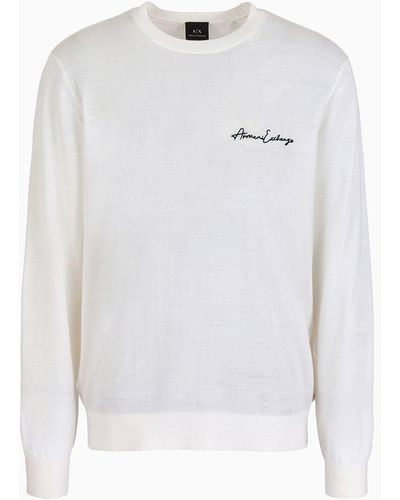 Armani Exchange Maglione Girocollo In Misto Lana Con Logo Sul Petto - Bianco