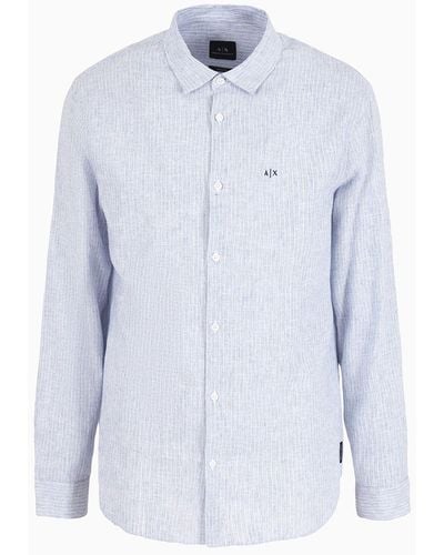 Armani Exchange Regular Fit Shirt In Linen And Cotton - Blue