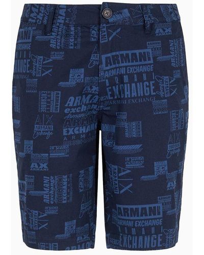Armani Exchange Shorts In Camouflage Patterned Cotton Gabardine - Blue