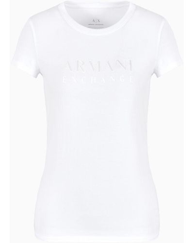 Armani Exchange T-shirt Slim Fit In Cotone Organico Stretch Asv Con Logo Glitterato - Bianco