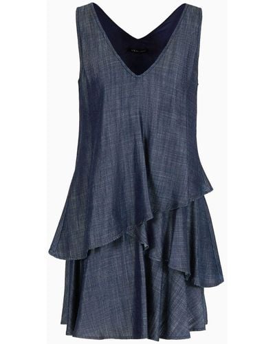 Armani Exchange Chambray Denim Flounced Dress - Blue